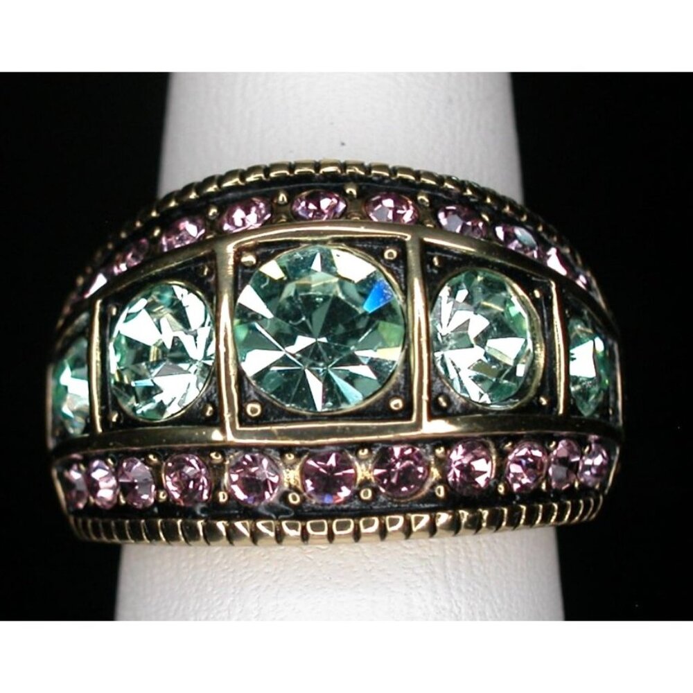 Heidi Daus Pink & Green Crystal Ring Size 7 Gold-Tone Band